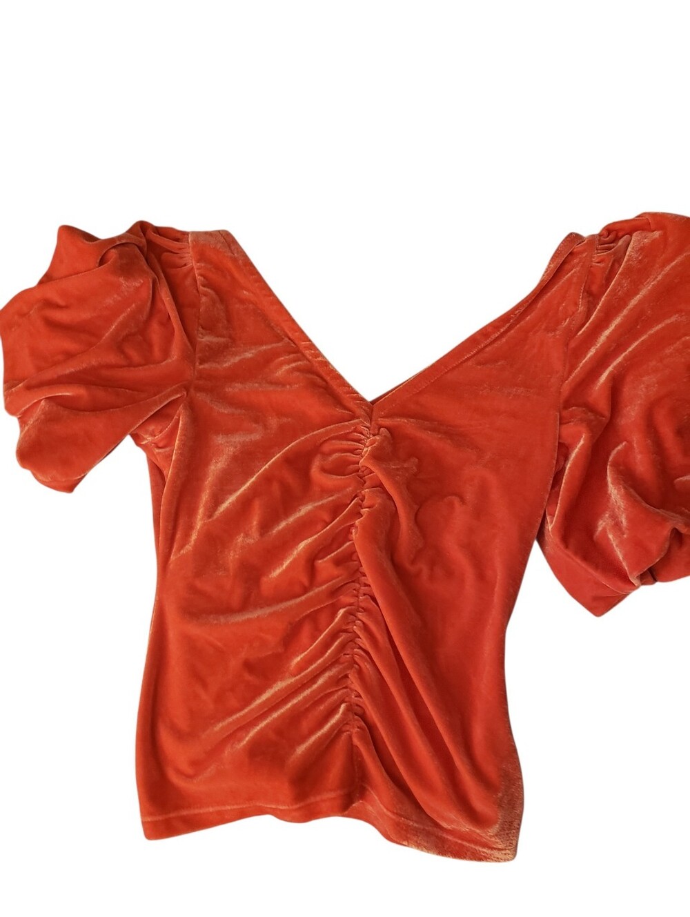 Free People Velvet V-Neck Ruched Puff Sleeve Top